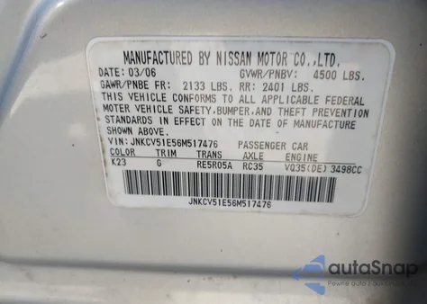 2006 Infiniti G35 from USA, damaged, VIN JNKCV51E56M517476